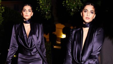 [Photos] Sonam Kapoor asserts glam in deep plunge midnight blue gown dress