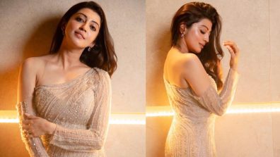 Pranita Subhash shines in a glamorous beige party wear gown