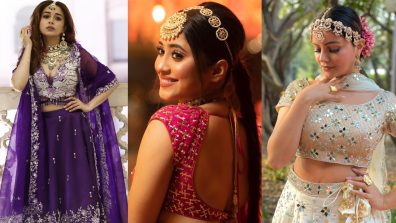 Rubina Dilaik, Tina Dutta and Shivangi Joshi keep ethnic poses on edge in embellished lehenga cholis