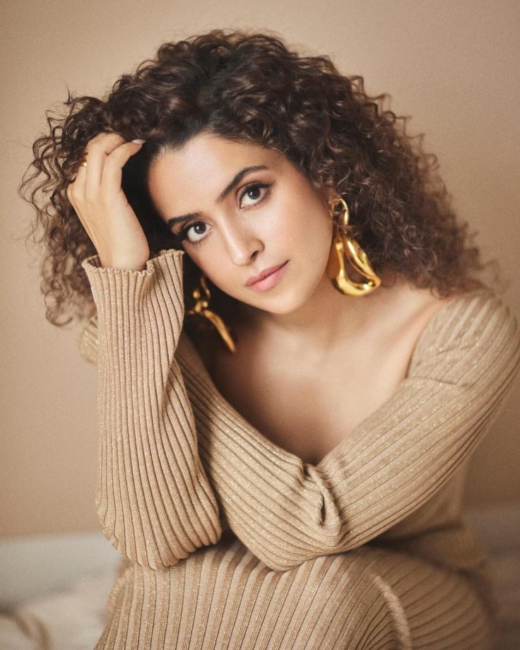 Sanya Malhotra preps in cutout beige bodycon with statement gold hoop earrings 852151