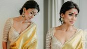 Shriya Saran Crafts Traditional Glam In South Gold Silk Saree With Stones Embedded Blouse