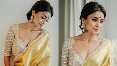 Shriya Saran Crafts Traditional Glam In South Gold Silk Saree With Stones Embedded Blouse