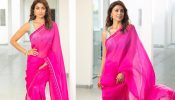 Shriya Saran Serve Elegance In Pink Saree And Plunging Blouse With Ruby Earrings