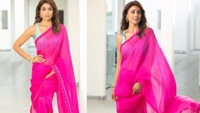 Shriya Saran Serve Elegance In Pink Saree And Plunging Blouse With Ruby Earrings