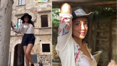 Shriya Saran’s Satin Slip Top, Black Shorts, Printed Shrug, And Hat Are Vacation Goals