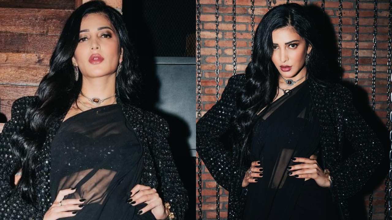 Shruti Haasan Looks OG Goth Girl In Black Saree, Low Neck Blouse Design, And Shimmery Jacket With Oxidised Accessories 854011