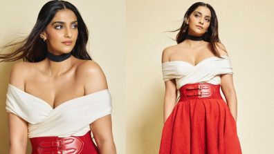 Sonam Kapoor Ups Sensuality Bar In Off-shoulder Wrap Top, Knit Maxi Skirt And Long Boots