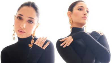 Tamannaah Bhatia Makes Heads Turn In Classic Black Body-hugging Gown With Gold Earrings