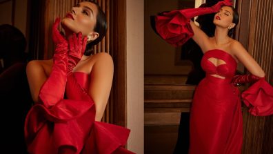 Tara Sutaria Exudes Majestic Charm In Red Cut-out Bodycon Trail Gown And Vintage Gloves With Bold Red Lipstick