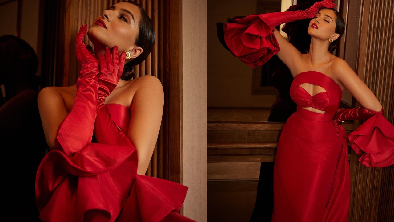 Tara Sutaria Exudes Majestic Charm In Red Cut-out Bodycon Trail Gown And Vintage Gloves With Bold Red Lipstick 855212