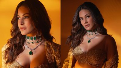 Amyra Dastur is sight to behold in gold glittery ensemble and emerald jewellery [Photos]