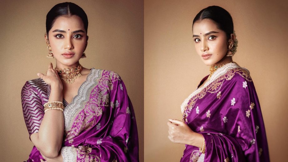 Anupama Parameswaran Create Magic In Purple Saree, Gold Necklace Set, And Gajra Bun 864513