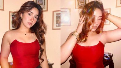 Ashnoor Kaur looks preppy in red corset top and black leather pants [Photos]