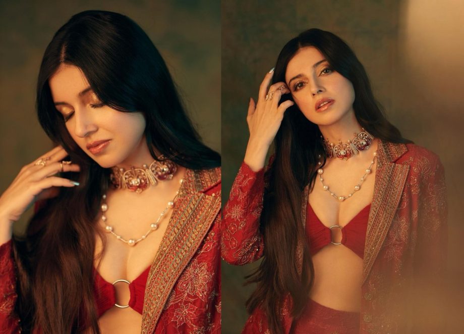 Divya Khosla Kumar shines in red ethnic palazzo set with heavy embroidered shrug 865428