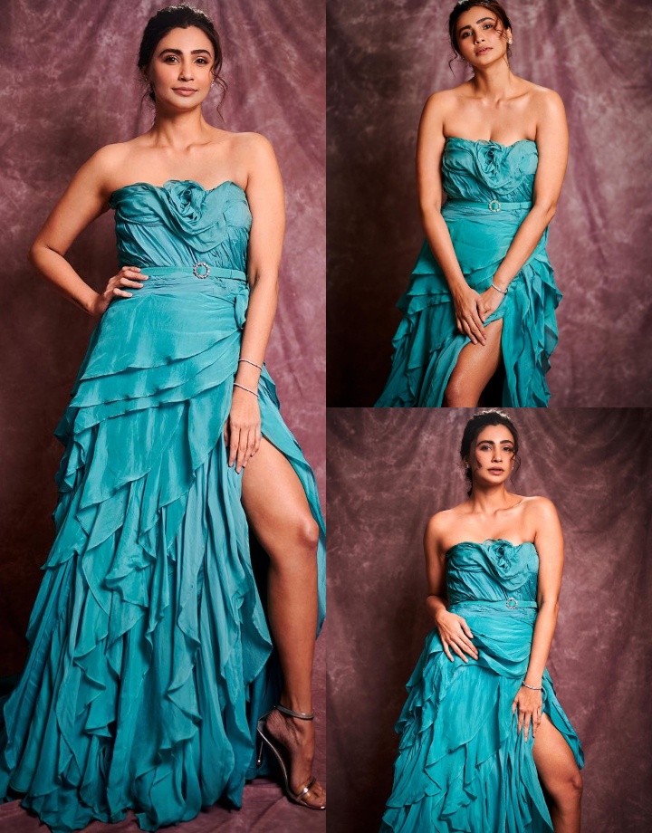 Frozen Vibes! Daisy Shah channels her inner ‘Elsa’ in blue chiffon organza ruffle trail gown 863695