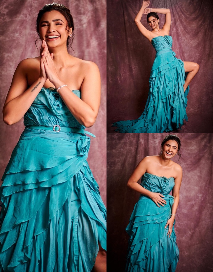 Frozen Vibes! Daisy Shah channels her inner ‘Elsa’ in blue chiffon organza ruffle trail gown 863696