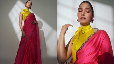 Glam up like Tamannaah Bhatia in neon pink saree and halter neck blouse [Photos]