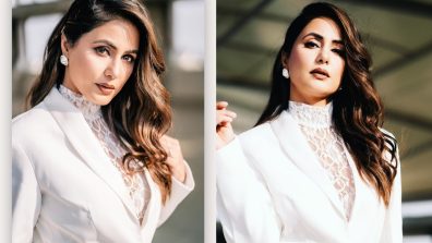 Hina Khan takes the crown in salt white pantsuit and white lace high-neck top