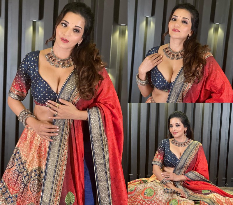 In Photos: Monalisa Goes Bold In Plunging Printed Lehenga Set 863277