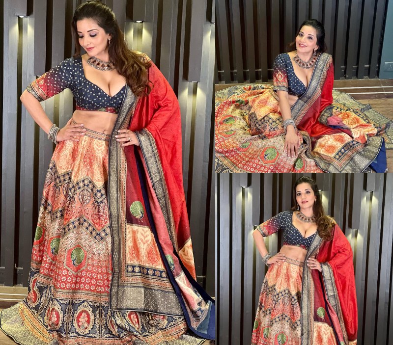 In Photos: Monalisa Goes Bold In Plunging Printed Lehenga Set 863275