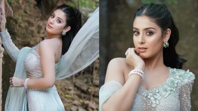 Isha Malviya gives princess vibes in mermaid inspired cadet blue fusion wear [Photos]