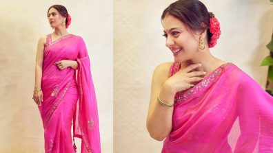 Kajol Celebrates Saptami In Pink Organza Saree And Sleeveless Blouse With Gajra Bun, Take A Look