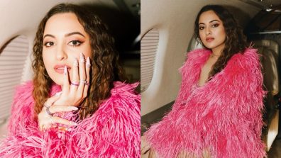 ‘Kalaastar’ Sonakshi Sinha slips in magenta pink sequined high-thigh slit gown and ostrich feather coat