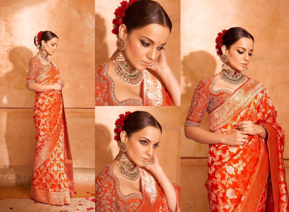 Kangana Ranaut looks fierce for Ravan Dahan in orange katan silk Banarasi saree, see photos 864077