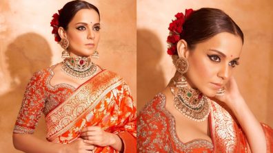 Kangana Ranaut looks fierce for Ravan Dahan in orange katan silk Banarasi saree, see photos