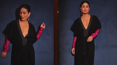 Kareena Kapoor gives her black plunging neck dress a rani pink twist, and we are in love