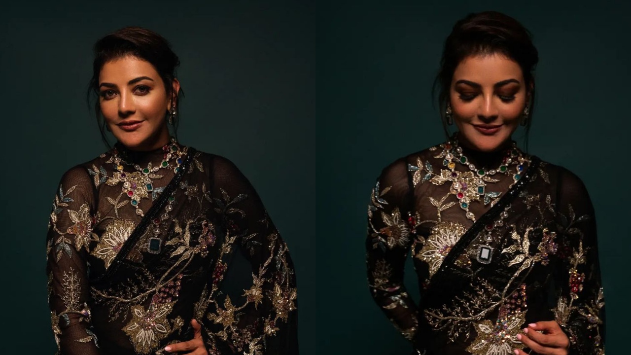 [Photos] Kajal Aggarwal startles in Rs. 2,10,000 rose-gold Badla embroidered black saree and bodysuit 861188