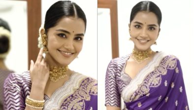 Regal Affair! Anupama Parameswaran is divine vision in purple saree and gold jewellery