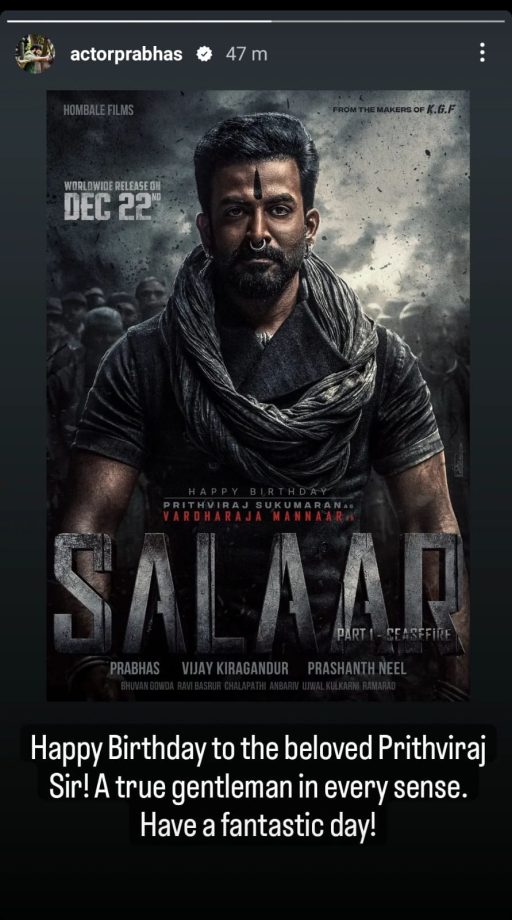 Salaar: Prabhas unveils Prithviraj Sukumaran's first look poster, pens heartfelt birthday note 861787