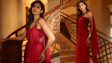 Shilpa Shetty stirs sass in red satin corset saree set [Photos]