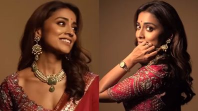 Shriya Saran’s Pink Saree, Designer Blouse, And Green Necklace Set Are Festive Pick, Take Goals