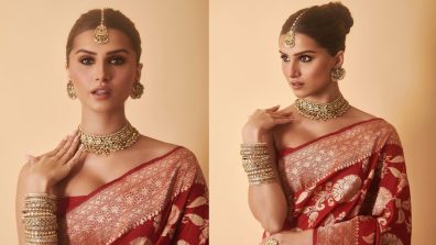 Tara Sutaria Goes Bold In Banarasi Saree With Sparkling Necklace Set For ‘Apurva’