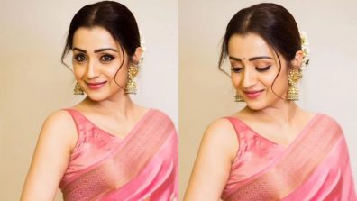 Trisha Krishnan curls ethnic glory in pink silk saree and sleeveless blouse [Photos]