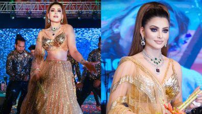 Urvashi Rautela Adds Sparkle To Her Golden Lehenga With Statement Diamond Necklace