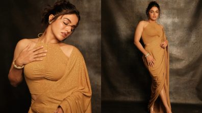 Wamiqa Gabbi shines in Rs. 38,500 gold halter top & EZ sari [Photos]