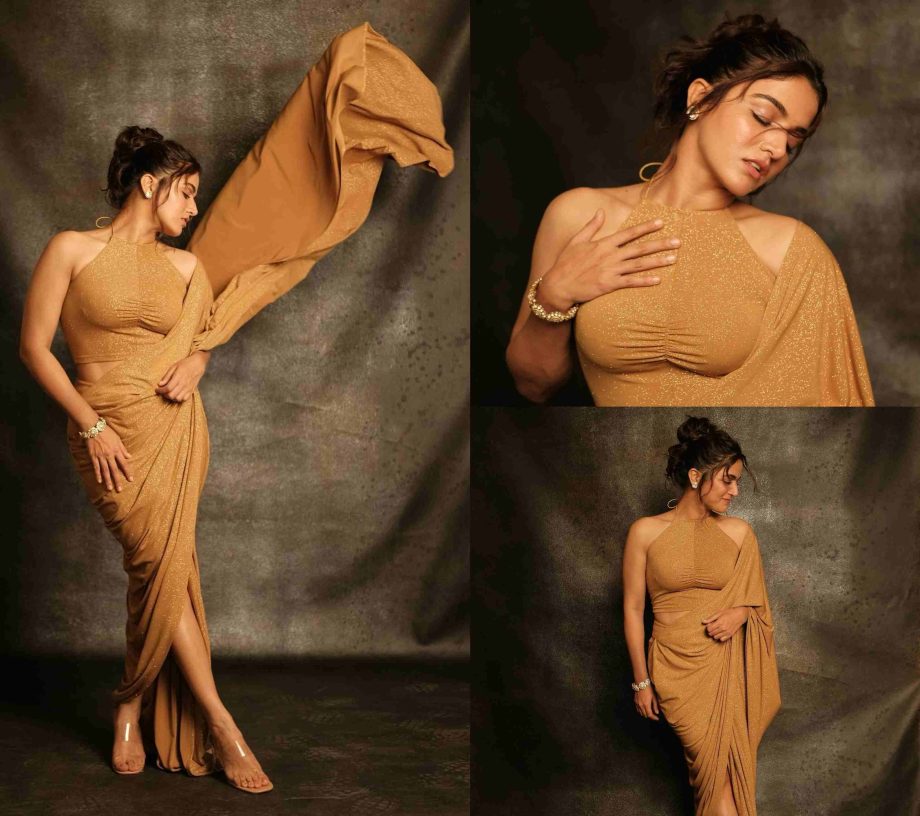 Wamiqa Gabbi shines in Rs. 38,500 gold halter top & EZ sari [Photos] 861293