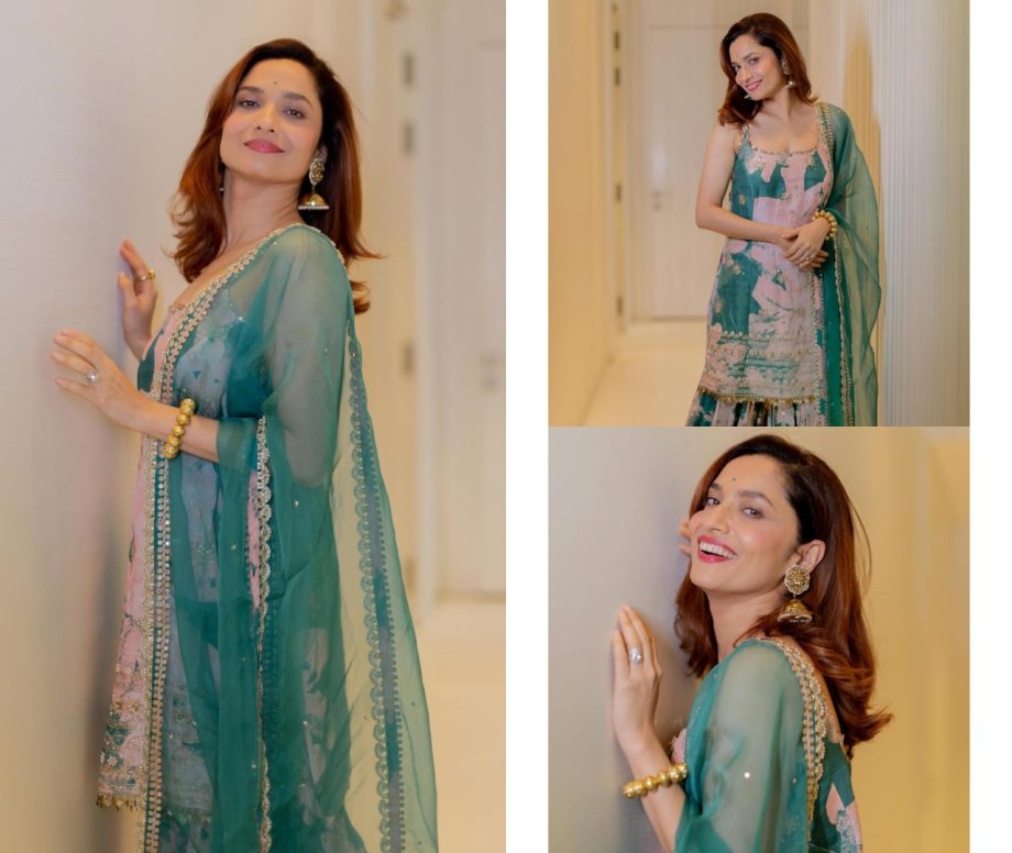 Ankita Lokhande blossoms in green floral printed silk sharara set 868526