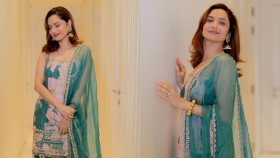 Ankita Lokhande blossoms in green floral printed silk sharara set