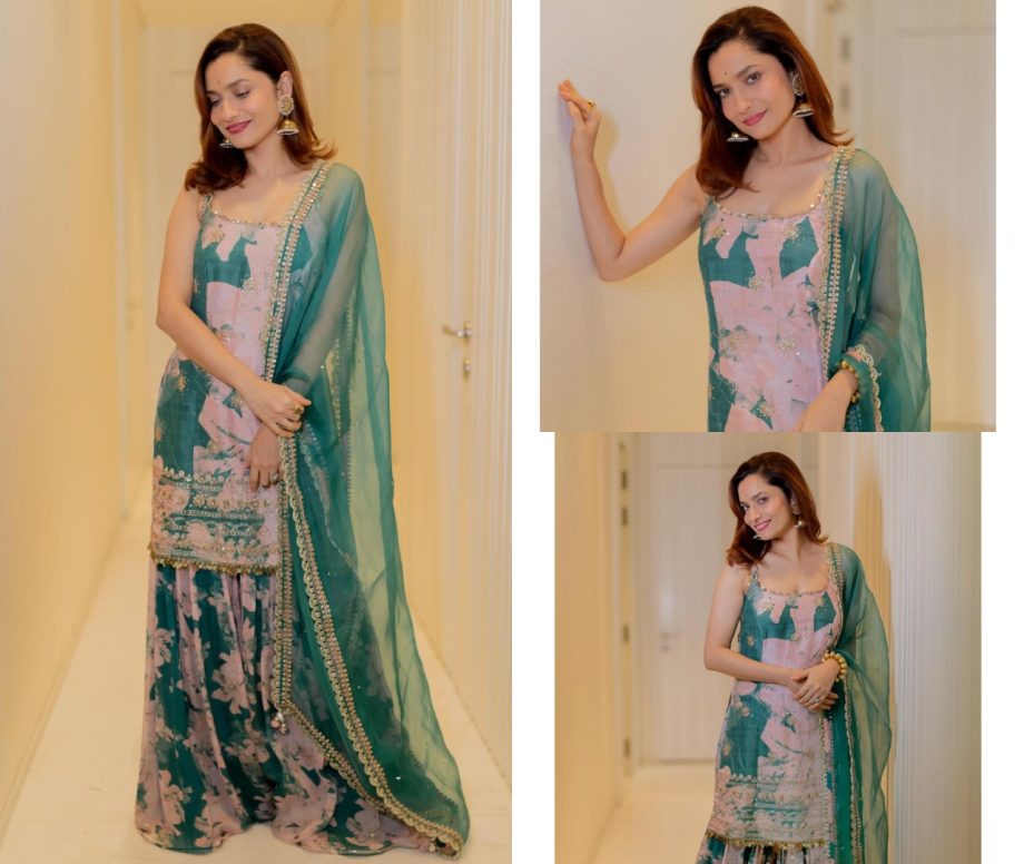 Ankita Lokhande blossoms in green floral printed silk sharara set 868525