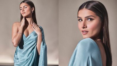 In Pics: Tara Sutaria looks dreamy in blue sheer satin saree and deep neck blouse