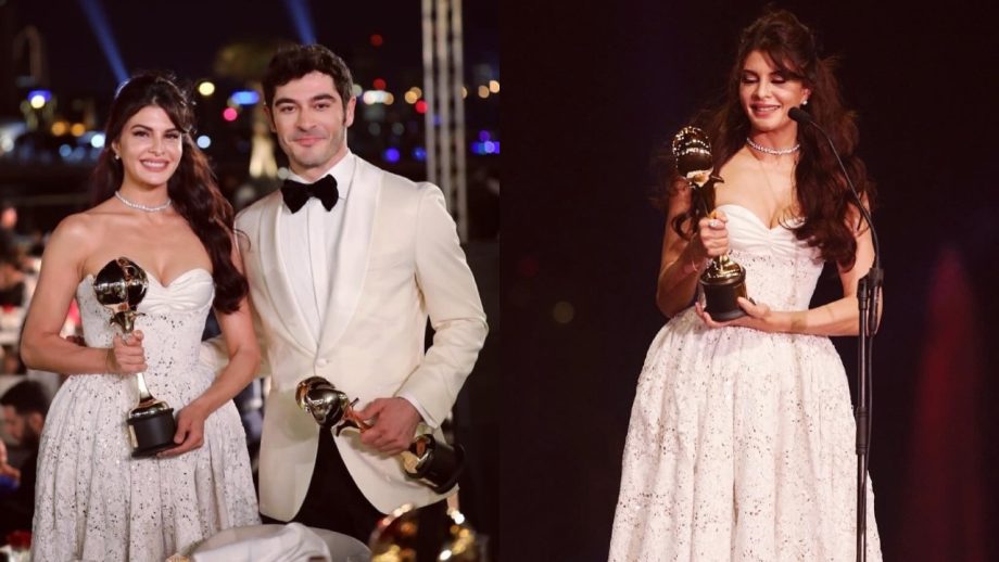 Jacqueline Fernandez Honored at The Distinctive International Arab Festivals Awards, Strikes Pose with Burak Deniz 870618