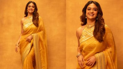 Keerthy Suresh shines in yellow shimmery saree, fans in awe