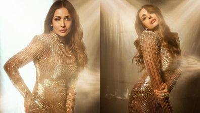 Malaika Arora plays sequin siren in golden embellished high-thigh slit gown