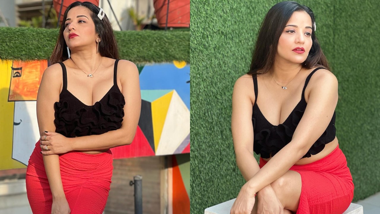 Monalisa sets internet ablaze with her saucy look in deep neck crop top and red mini skirt 871138