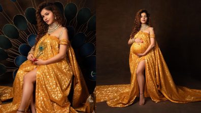 Mother-to-be Rubina Dilaik Exudes Royalty As She Sits On Peacock Throne In Silk Slit Outfit