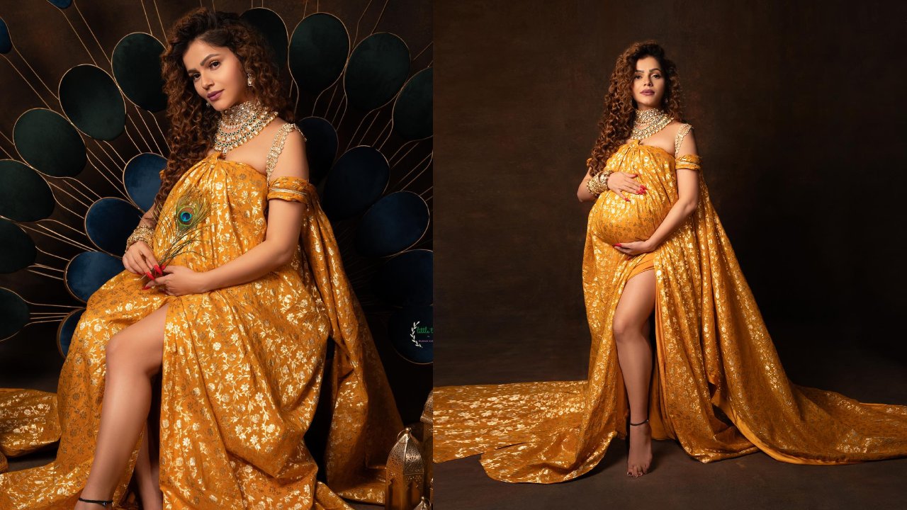 Mother-to-be Rubina Dilaik Exudes Royalty As She Sits On Peacock Throne In Silk Slit Outfit 868891